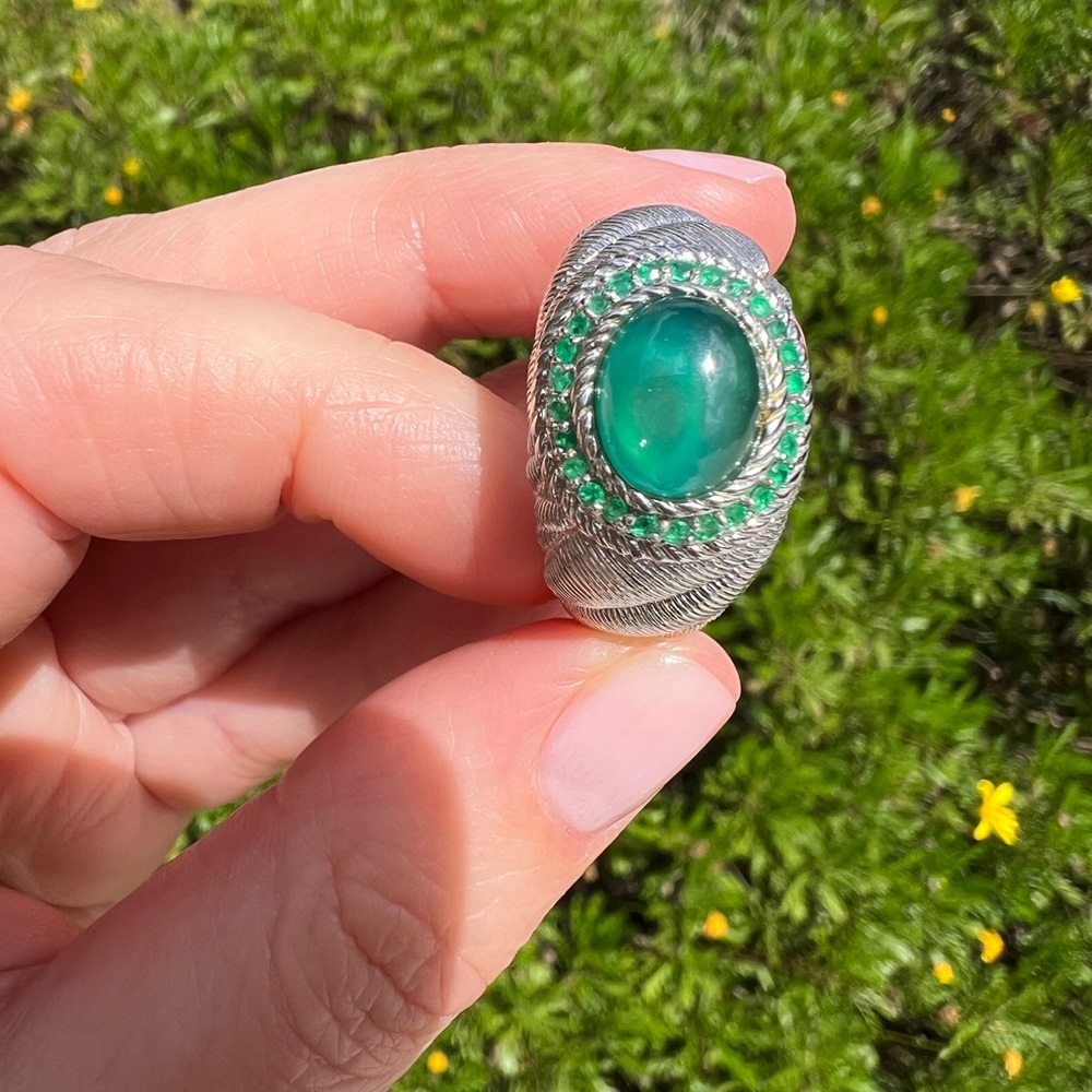 Vintage Judith Ripka Lab Emerald Statement Ring in Sterling Silver Size 11